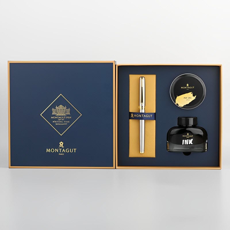 Set bút máy ký tên cao cấp MT 098 màu bạc kèm 1 lọ và 10 ống mực, hộp và túi hãng sang trọng