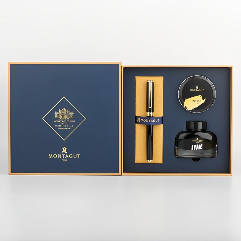 Set bút máy ký tên cao cấp MT 098 màu đen kèm 1 lọ và 10 ống mực, hộp và túi hãng sang trọng