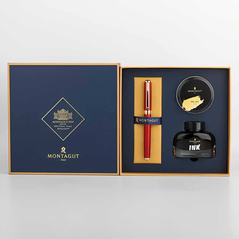 Set bút máy ký tên cao cấp MT 098 màu đỏ kèm 1 lọ và 10 ống mực, hộp và túi hãng sang trọng