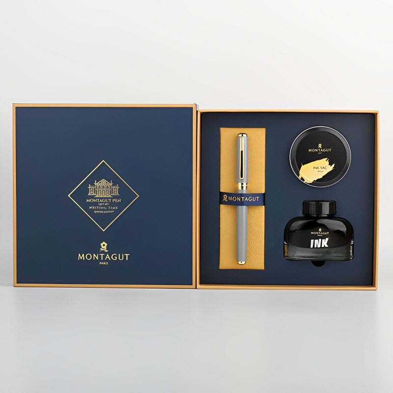 Set bút máy ký tên cao cấp MT 098 màu xám kèm 1 lọ và 10 ống mực, hộp và túi hãng sang trọng