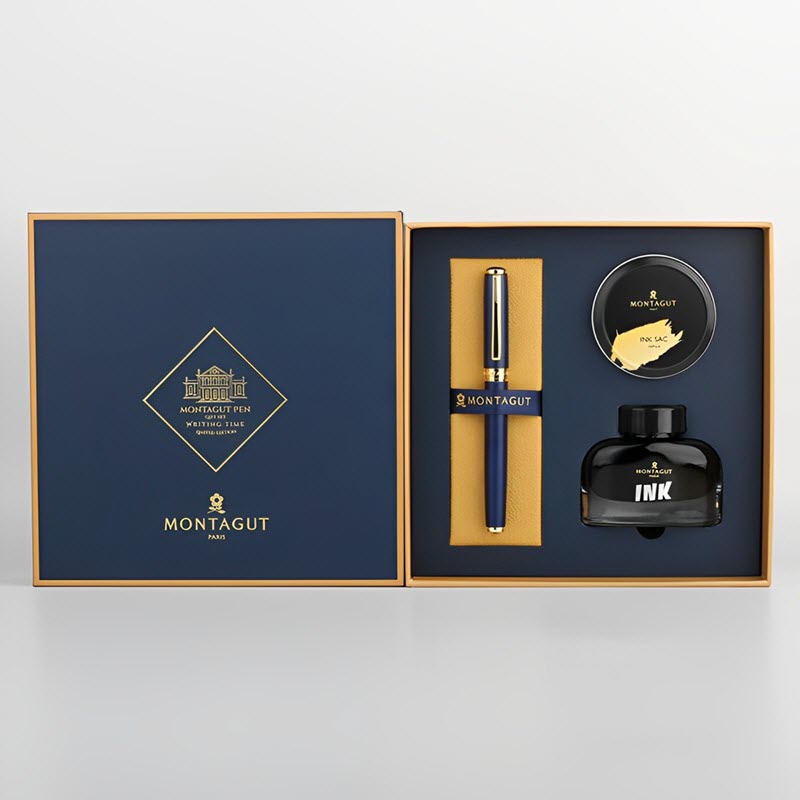 Set bút máy ký tên cao cấp MT 098 màu xanh navy kèm 1 lọ và 10 ống mực, hộp và túi hãng sang trọng