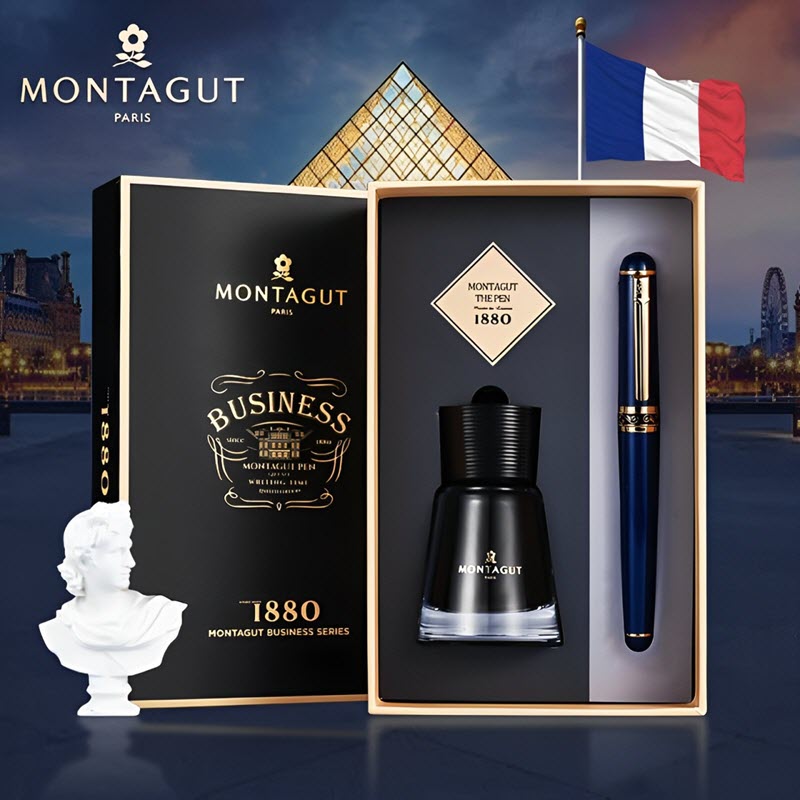 Set bút máy cao cấp MT 098 màu xanh navy kèm mực, hộp và túi làm quà tặng