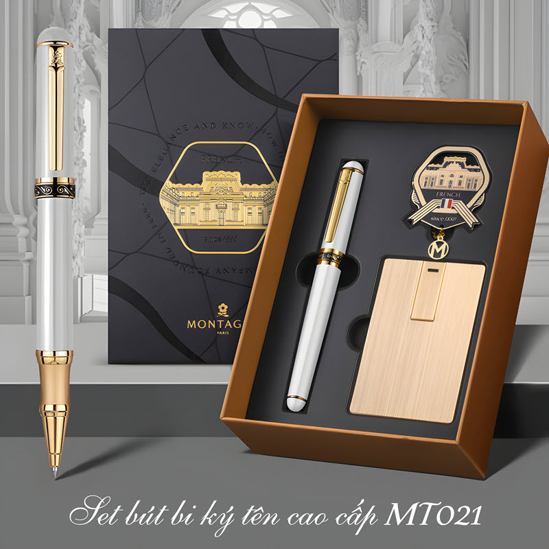 Set bút bi ký tên cao cấp MT021 màu trắng làm quà tặng